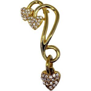 Gold Plated Crystal Dangling Heart Brooch 2.25" Love Valentines Day Gift